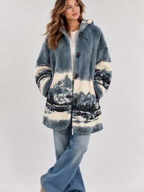 Vintage Outbrook Womens Coat M Blue Fleece Hooded Toggle Winter Soft Mountains
